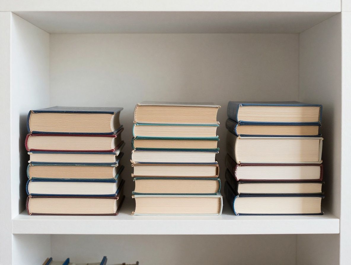 Drei nebeneinanderstehende, unterschiedlich grosse Bücherstapel auf einem weissen Regal, gut beleuchtet von natürlichem Tageslicht durch ein Fenster, symbolisiert strukturiertes und zugängliches Wissen