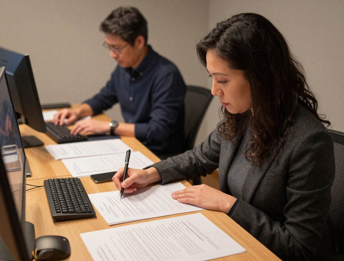 Nahaufnahme einer Person, die konzentriert an einem Schreibtisch sitzt, umgeben von geordneten Unterlagen und warmem Schreibtischlicht, symbolisiert fokussiertes Denken und Konzentrationsfähigkeit