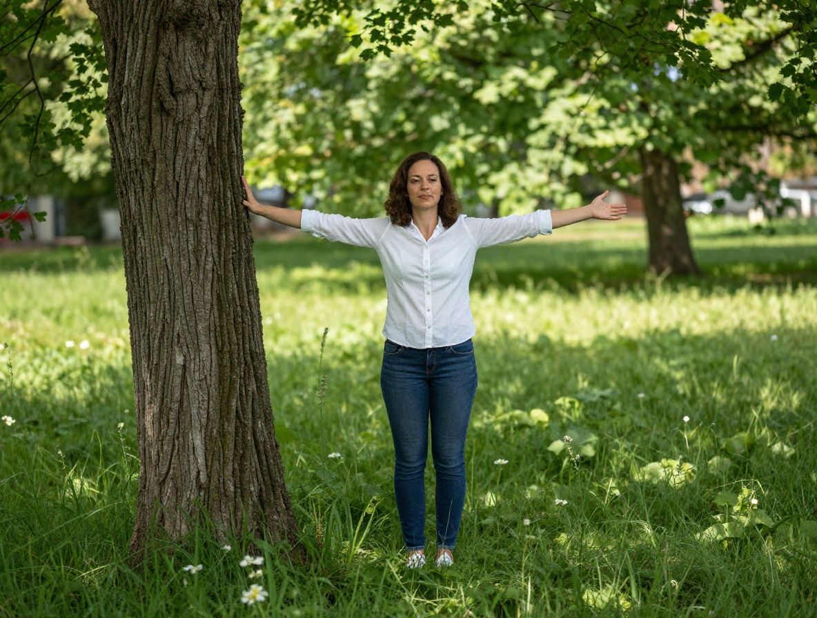 Person in ruhiger, natürlicher Umgebung, umgeben von Grünpflanzen und weichem Tageslicht, symbolisiert inneres Wohlbefinden und Reflexion über eigene Bedürfnisse und Lebensstilgewohnheiten