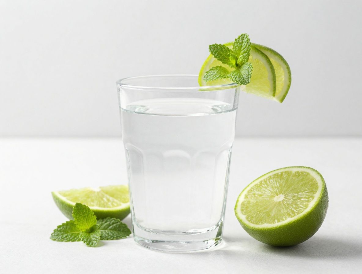 Ein klares Glas Wasser mit frischen Zitronenscheiben und Minzeblättern auf einem weissen Hintergrund, symbolisiert bewusste Hydration und die Bedeutung ausreichender Flüssigkeitszufuhr