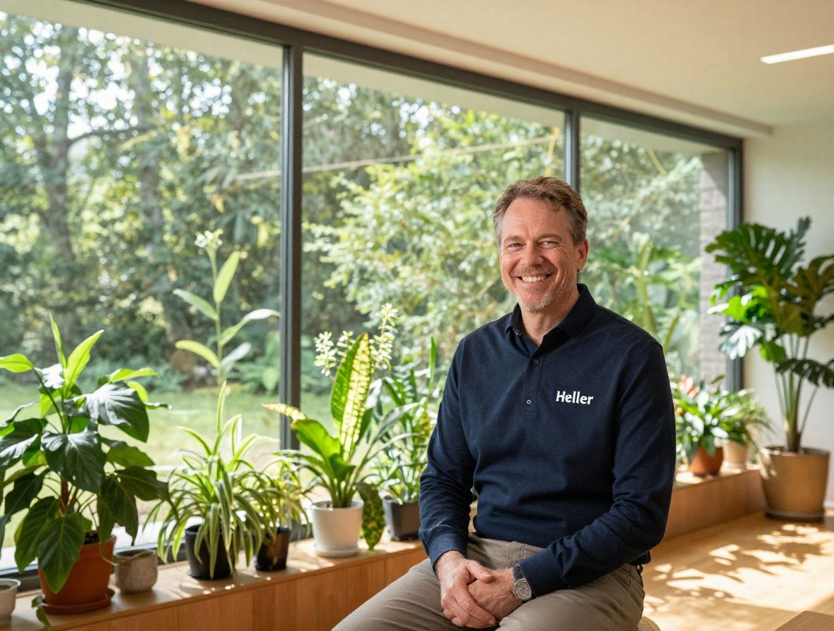 Heller, geräumiger Innenraum mit grossen Fenstern, die Sonnenlicht hereinlassen und frische Zimmerpflanzen zeigen, vermittelt eine positive, ausgeglichene und heitere Grundstimmung