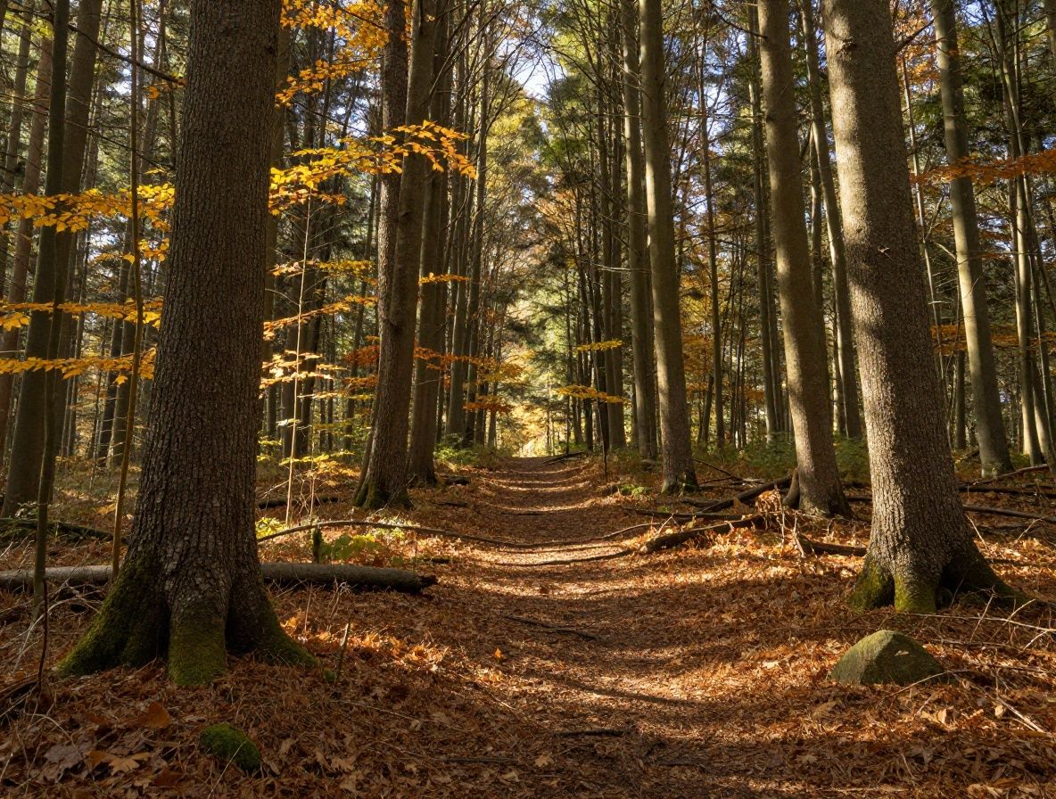 Breiter Wanderweg durch einen lichten Laubwald im Herbst mit warmem Sonnenlicht zwischen den Baumstämmen, unterstreicht die Verbindung zur Natur und den Wert von Zeit im Freien