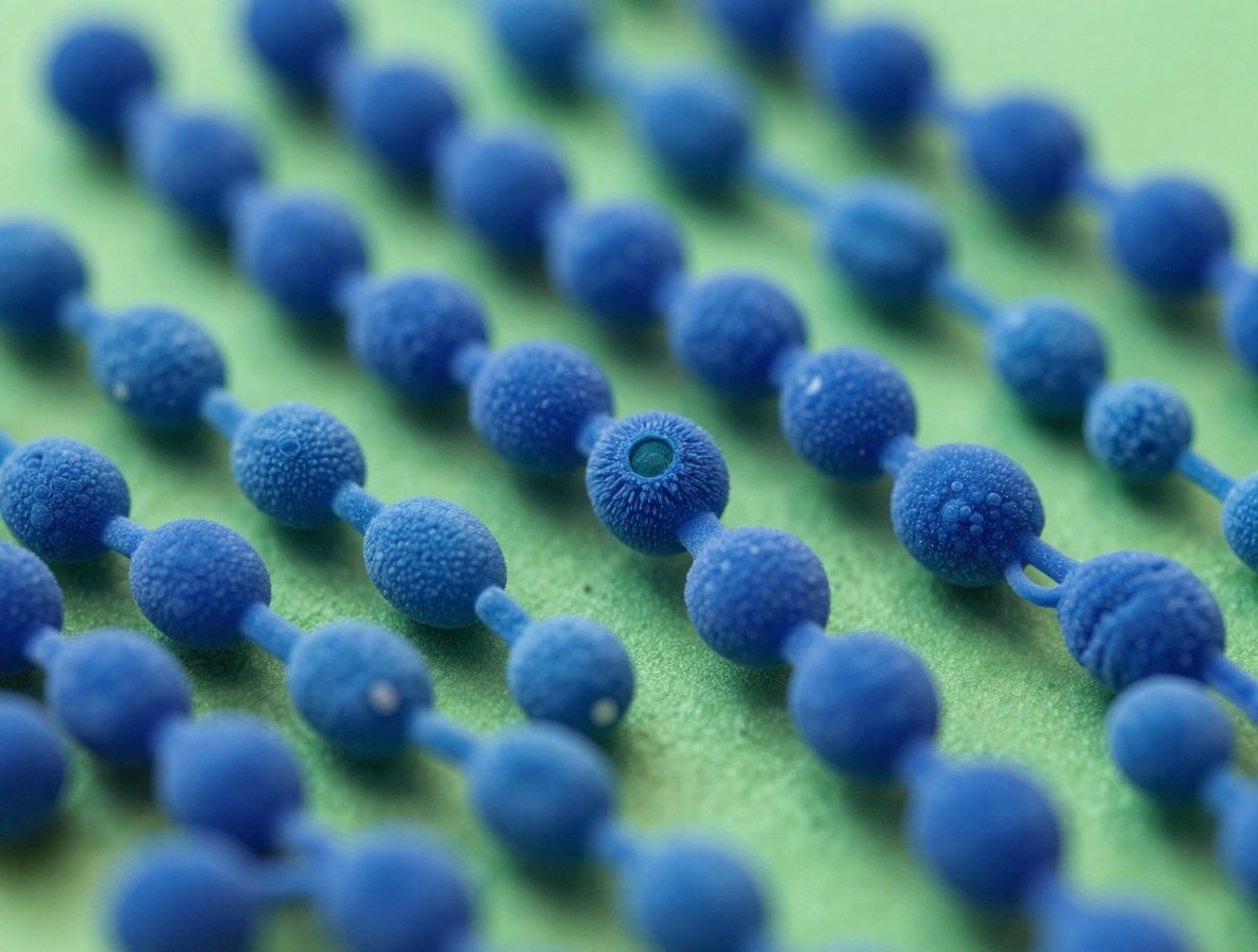 Hochauflösende mikroskopische Aufnahme von Zellstrukturen und molekularen Verbindungen in blauem und grünem Licht, die wissenschaftliche Forschung und biologische Prozesse auf zellulärer Ebene visualisiert