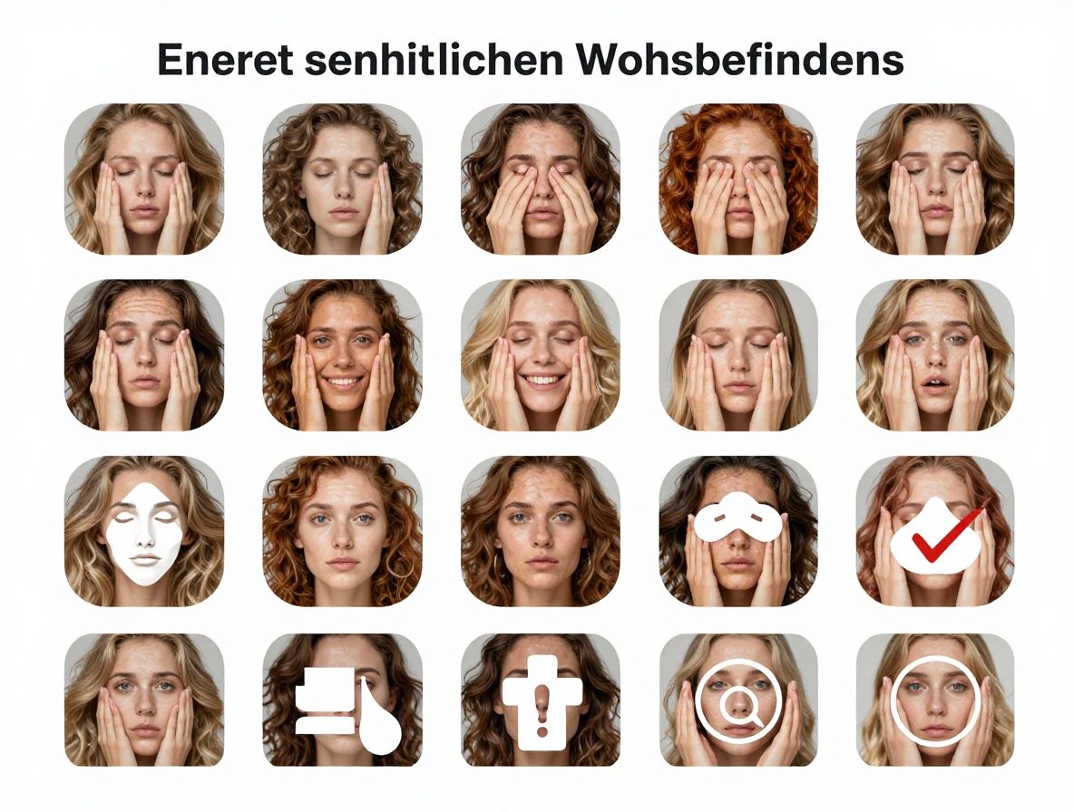 Schematische Darstellung verschiedener Aspekte des ganzheitlichen Wohlbefindens als kreisförmiges Diagramm mit Symbolen für Energie, Immunsystem, Erholung und Hautgesundheit